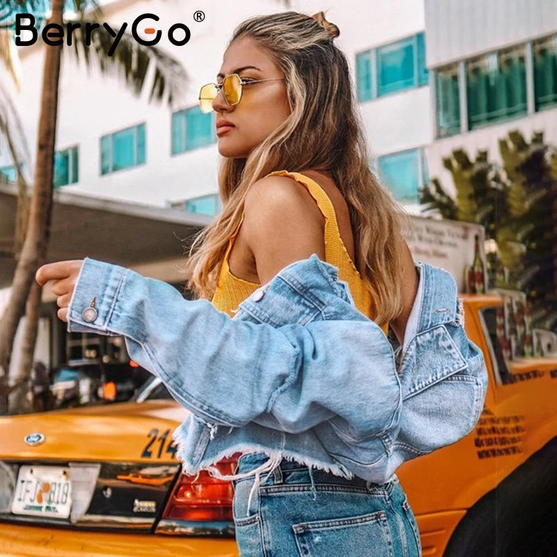 BerryGo винтажные женские джинсовые рваные куртки повседневная синяя джинсовая