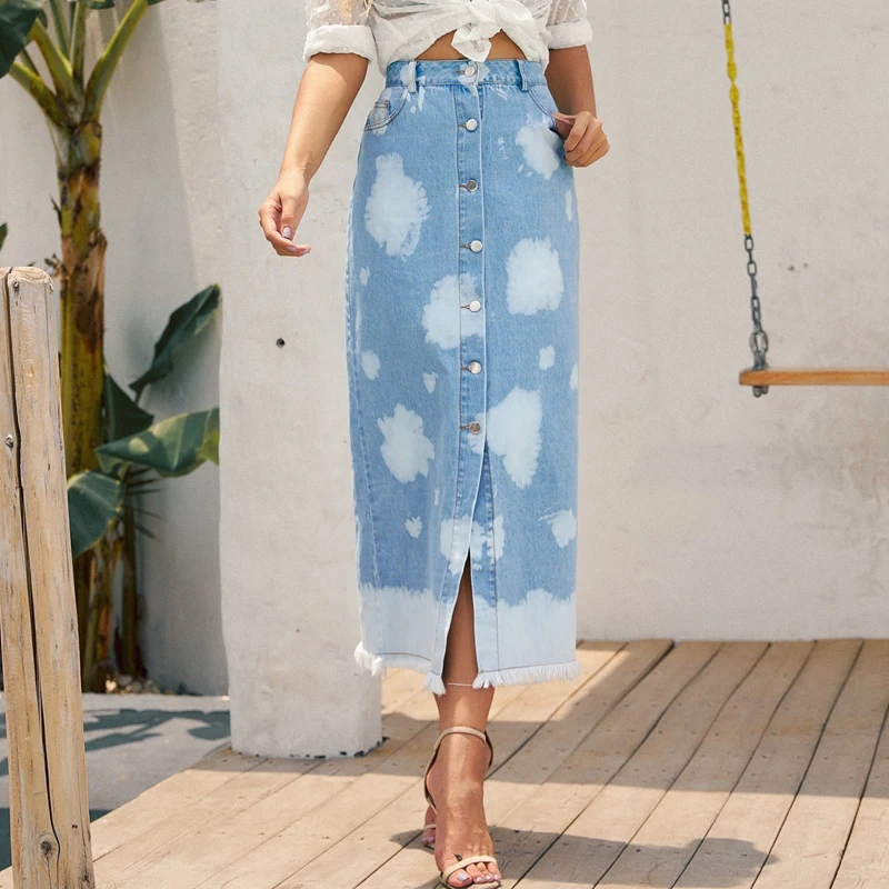 

Casual Tassel High Waist Long Denim Skirt Women Elegant Front Button Maxi Jean Skirt Fashion Ladies Light Blue A Line Skirt New