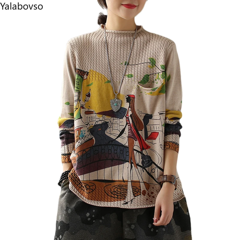 Winter Pullover knitwear women's Vintage cartoon printed sweater loose oversized sweater plus size knit sweater women Z3