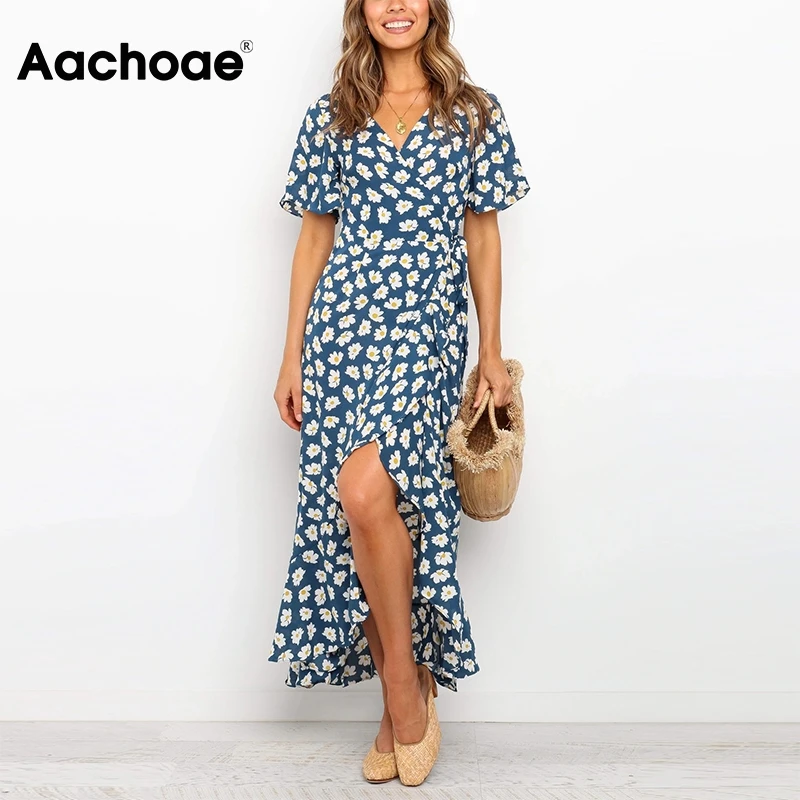 Aachoae Women Boho Floral Print Maxi Dresses 2020 V Neck Long Split Beach Wrap Dress Ruffles Short Sleeve Summer Sundress Robes Aachoae Women Boho Floral Print Maxi Dresses 2020 V Neck Long Split Beach Wrap Dress Ruffles Short Sleeve Summer Sundress Robes