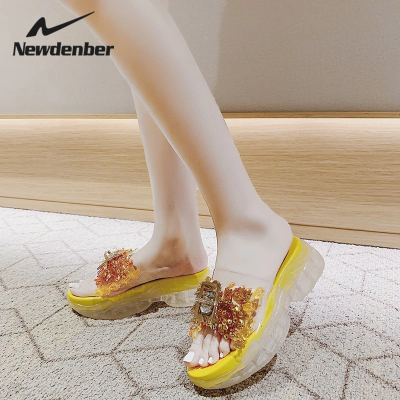 Women Slippers Colorful Crystal Slides Transparent sole Flower Design Bling Diamond Wedge Platform Slipper Outdoor Summer Shoes | Обувь