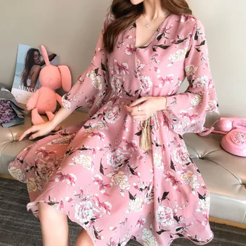 

new Spring Summer Dress Women Tunic Tie Waist Slim V Neck Chiffon Dress Fashion Sweet Pregnant Womens Floral Print Dresses