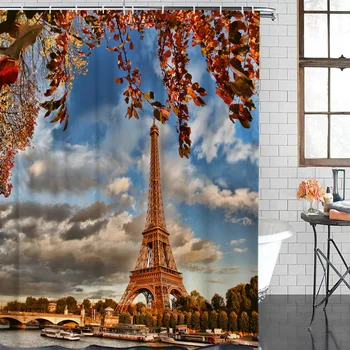 

Paris Tower Leaves Sky City Scenery Shower Curtain Waterproof Bathroom Curtain Polyester Bath Curtain Home Decor