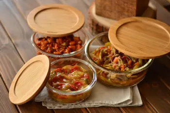 

Lavi Round 3 Pcs Set | 400-620-950 ML | Home-Kitchen | Bamboo-Glass | Made in Turkey