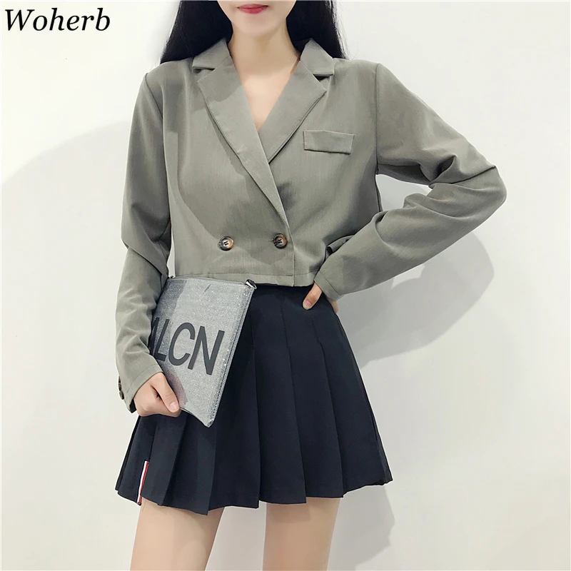 Woherb корейский укороченный блейзер для женщин 2019 Осенняя тонкая куртка с высокой талией двубортное офисное Женское пальто повседневные