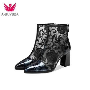 

2020 New Spring Net Boots Printed Cowhide High Heel Boots Embroidered Mesh Pointed Toe Temperament women's shoes Party shoes