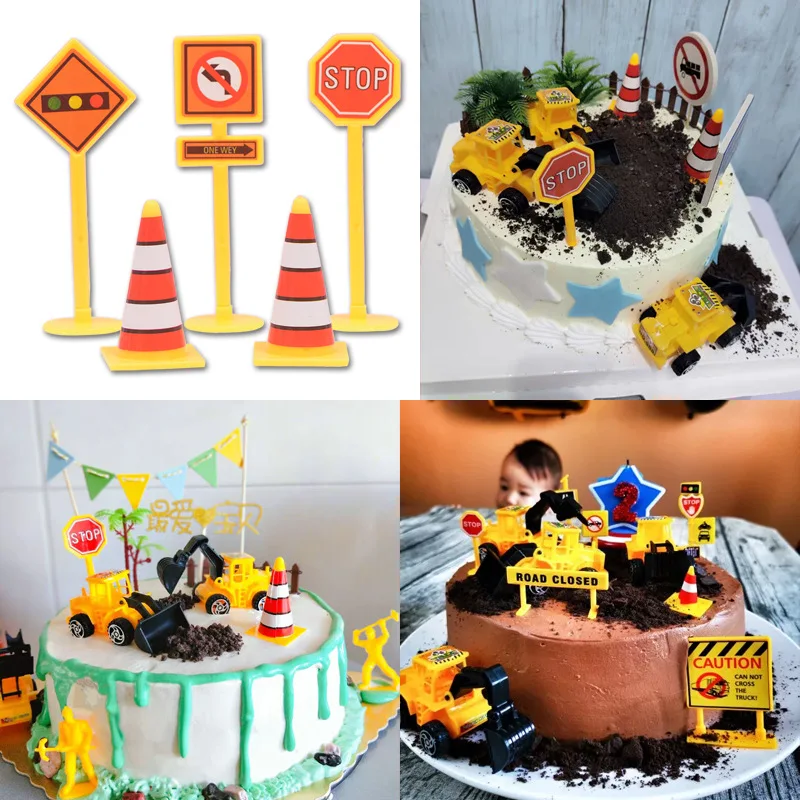 

Construction Road Sign Cake Tooper Road Traffic Model Simulation Traffic Light Cake Insert Card Birthday Kids Party Decor