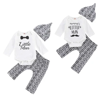 

FOCUSNORM 0-18M Newborn Baby Boys Clothes Sets Letter Print Long Sleeve Romper Tops Trousers Pants Hats 3pcs
