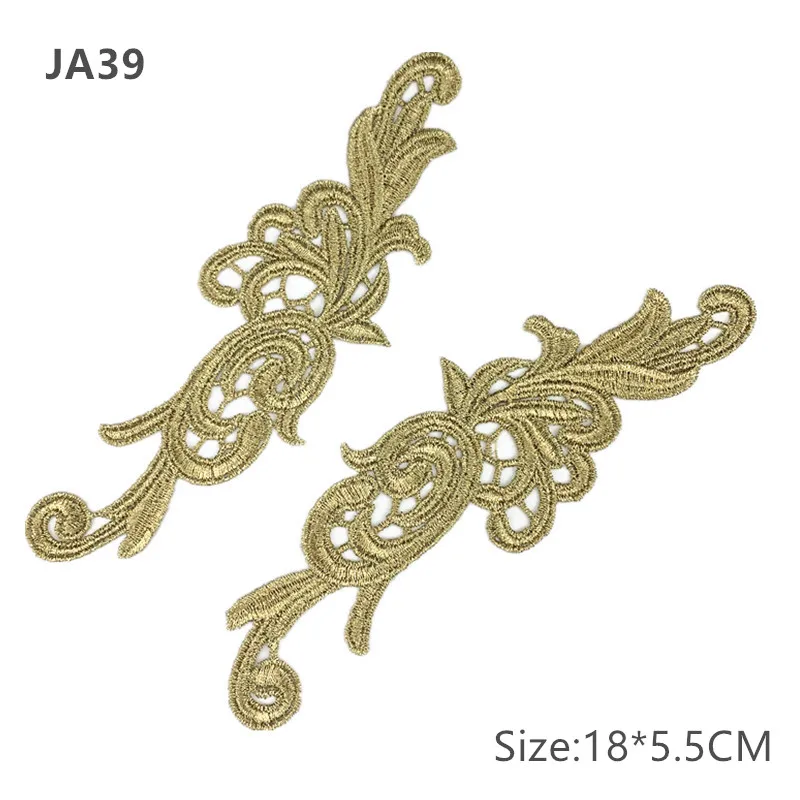 Mirror Pair Embroidered patches Golden Guipure Lace Sewing lace for dress Applique DIY Bridal Headdres Lace Collar JA104