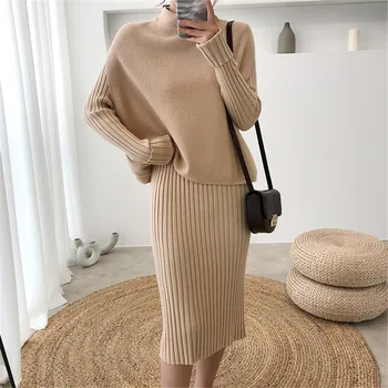 

2020 Spring Long Fashion Western Style Knitted Skirt Sweater Vest Knitted Pullover Dress Two Piece Suit Women Woman Clothes D805