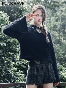 

PUNK RAVE Women Sexy V-neck Pullover Sweater Dark Black Loose Fluffy Autumn Trumpet Sleeves Sweater