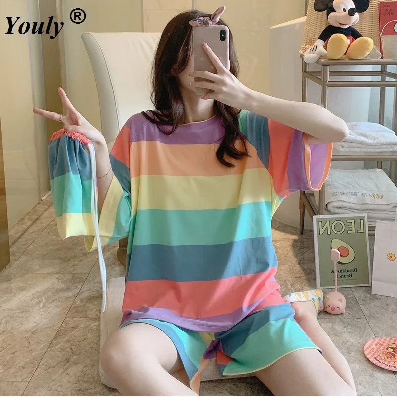 

Summer Pajamas Set 2022 Casual Loose Stripe Printed Short Sleeve Cartoon Lovely Korean Version Homewear Clothes Shorts Set