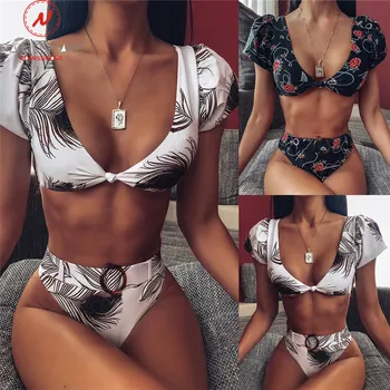 

Sexy Women Summer Beach Swim Two Piece Bikini Set Button Decor V-Neck Short Sleeve Backless Print Short Top+High Waist Briefs