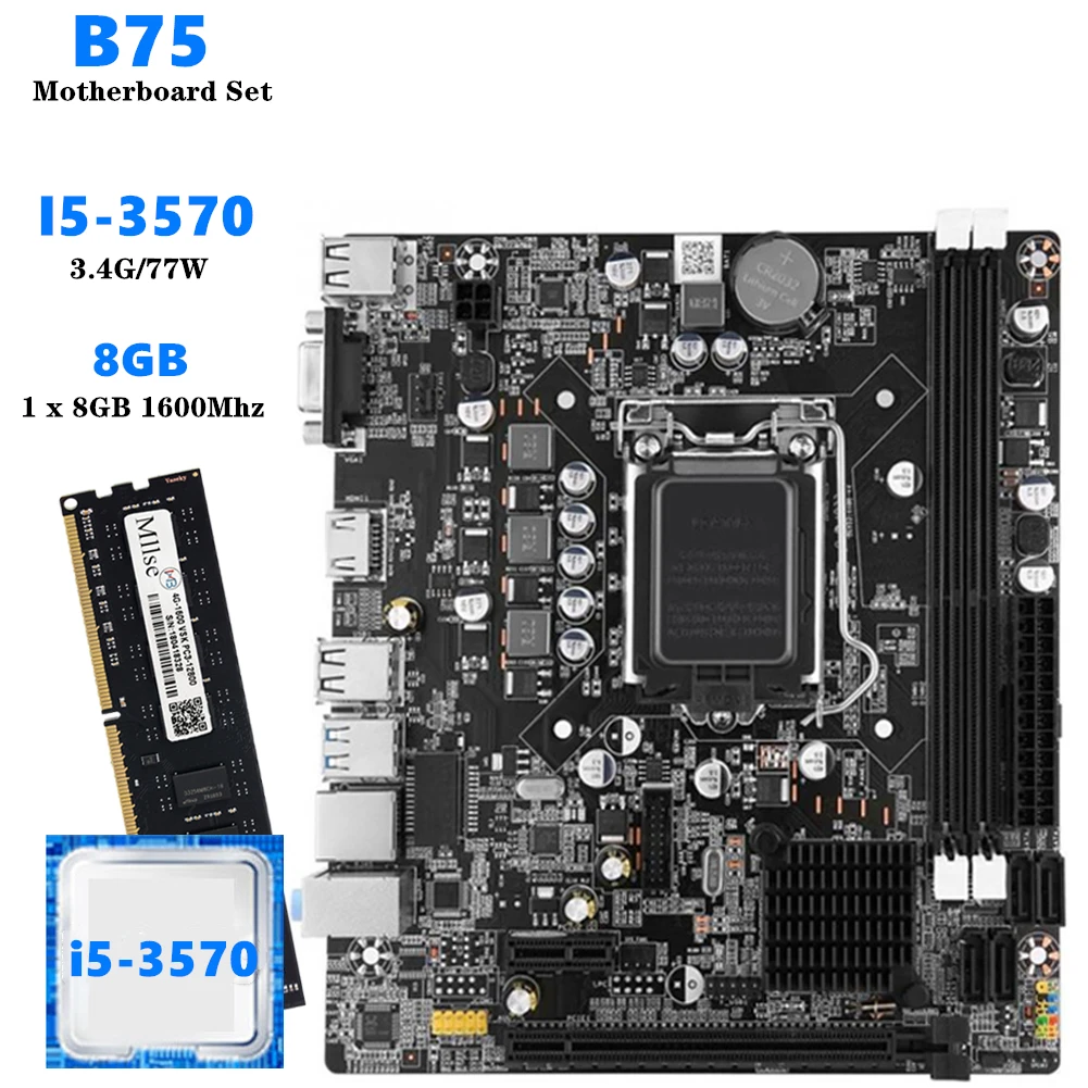 Desktop Motherboard B75 Set de placa base I5 3470 CPU 8G DDR3 placa base CPU Combo con ventilador para computadora de escritorio PC