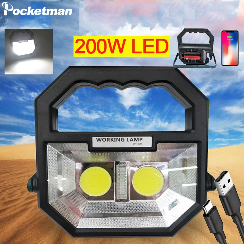 Portable LED Work Lamp 200W Ultra Bright COB Led Work Light Rechargeable Waterproof Spotlight Emergency Light with Warning Light