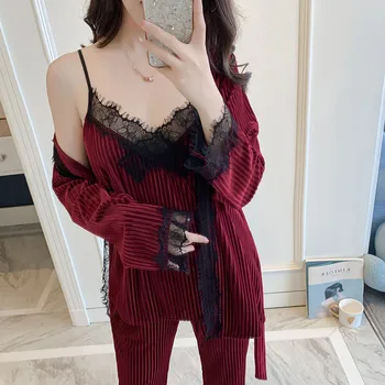 

3PCS Pajamas Set Women Pijamas Velour Sexy Nightwear For Young Lady Winter Warm Sleepwear Lounge Casual Home Clothing With Lace