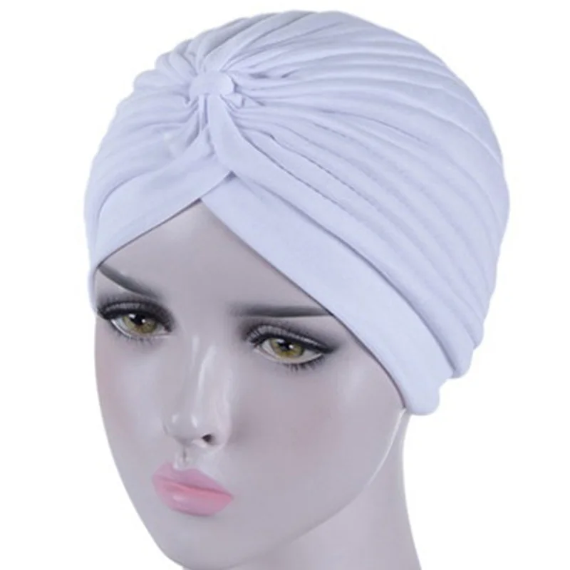 white Bandanas Women Stretchy Turban Muslim Hat Headband Warp Female Chemo Hijab Knotted Indian Cap Adult Head Wrap for Women - Цвет: white