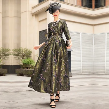 

2020 Jacquard Golden Runway Long Dress Three Quarter Women Evening Full Length Gorgeous Floral Long Dress DZ2303
