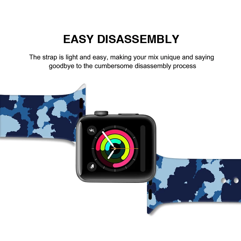 Силикагелевые ремешки для Apple Watch Series 5 40 44 мм силиконовый спортивный Браслет синий камуфляж для i Watch Series3 2 1 ремешок 38 мм 42 мм