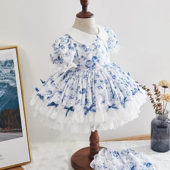 

2PCS Boutique Summer Girl Print Flower Princess Dress with Pants Lolita Vintage Spanish Ball Gown Dress for Girls Birthday Party