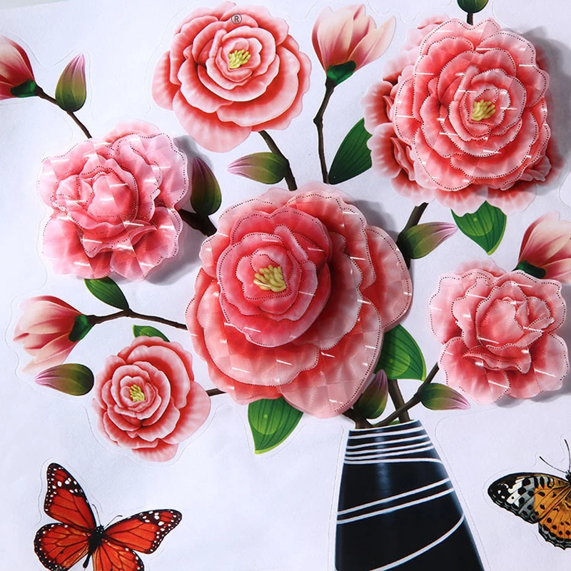 

Beautiful Floral Wall Sticker Waterproof PVC Blossom Wall Decals Wall Rose Vase Sticker Flowers Background Bedroom Wall Decor