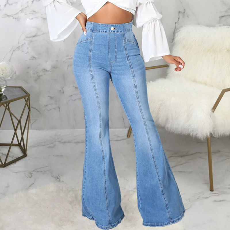 Light Blue Flared Jeans Women High Waist Casual Patchwork Streetwear