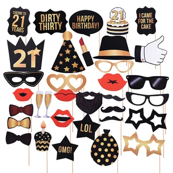

34pcs/set Happy Birthday Party Funny Photobooth Props Adults 18/21/30/40/50 Years Old Birthday Party Photo Props Selfie Masks