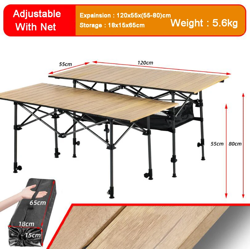 Foldable Table Camping Folding Table BBQ Portable Adjustable Height Wooden Table Outdoor Furniture Lightweight Picnic Hiking Desk