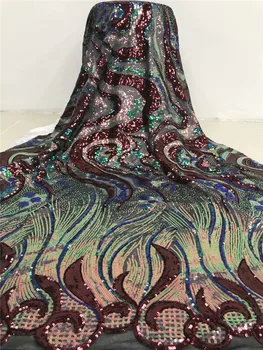 

African Lace Fabric With Sequins Velvet wine red Latest Fabric High Quality Velvet Tulle Sequins Lace Fabric Dress FJY4-1