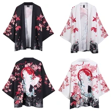 Черно-белое японское традиционное кимоно для мужчин с принтом журавля сакуры, модный кардиган Haori, солнцезащитное пальто, халат, уличная одежда