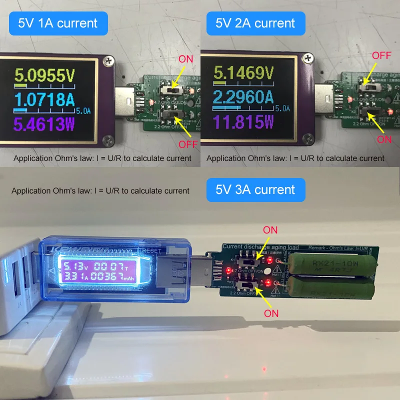 Battery tester voltage tester electronic load tester USB resistor DC electronic load 2 switch adjustable current 5V 1A/2A/3A battery capacity voltage discharge resistance tester