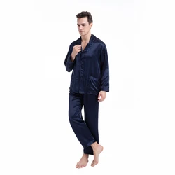 Men's Silk Long Sleeve Pajama Set 2 Piece 100% Soft Mulberry 19 Momme Lightweight Nightgown Homewear Male Pjs