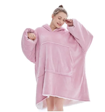 Winter Oversized Hoodies Women Warm TV Blanket with Sleeves Pocket Flannel Plush Thick Sherpa Giant Hoody Long Sweatshirt PINK