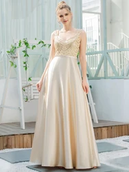 Romantic A-Line Floor Length Sequins Beaded Satin Prom Dress