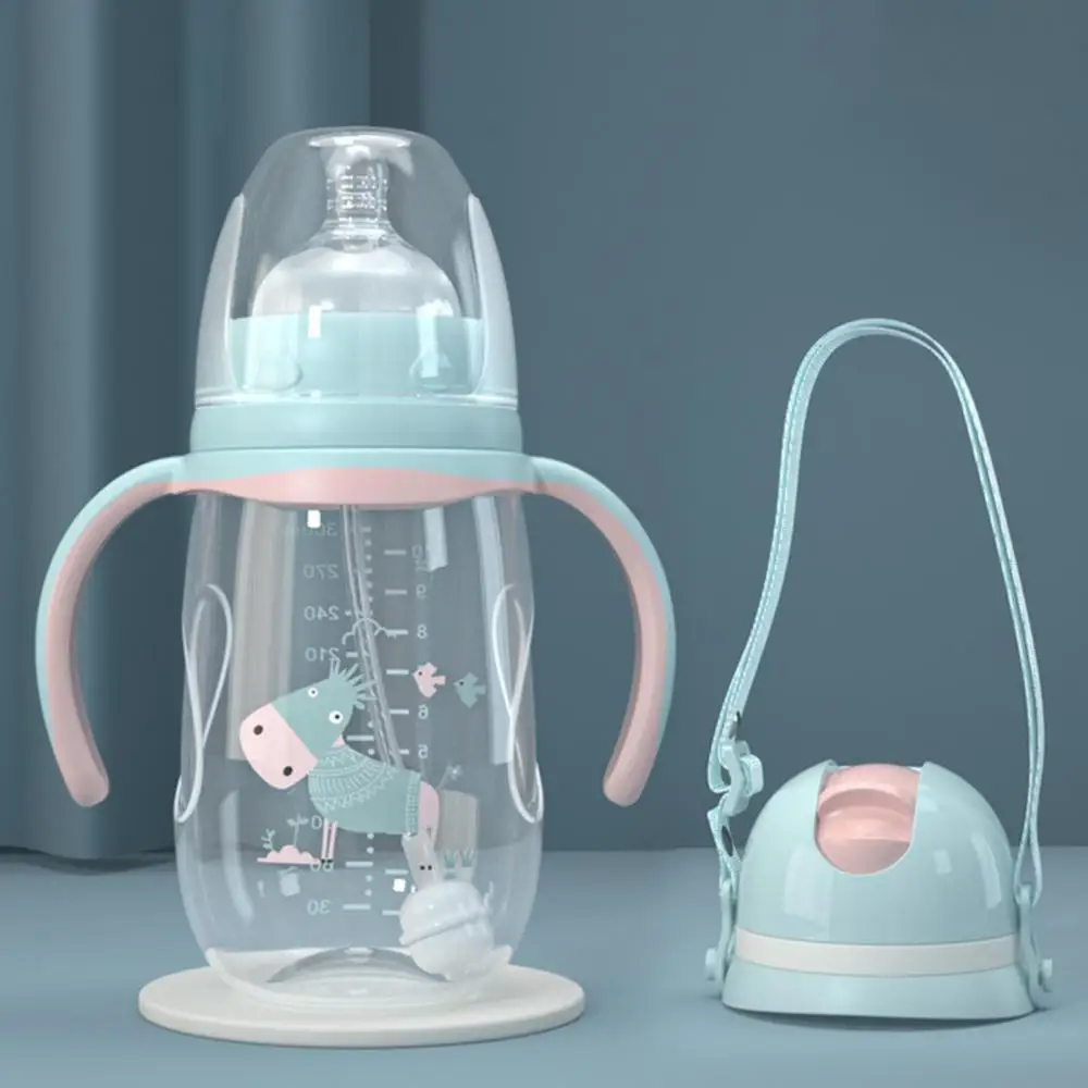 240ml/300ml Milk Bottle Infant Drop-proof Baby Wide-caliber with Straw Handle