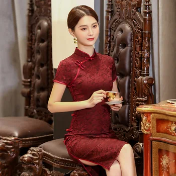 

Vintage Classic Women Qipao Sexy Slim Hight Split Cheongsam Chinese Traditional Mandarin Collar Vestidos Above Knee Dress 4XL