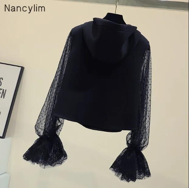 Hooded Sweatshirt Women Spring Autumn Point Embroidery Hollow-out Horn Sleeve Crop Top Hoodie Students Black Hoodies Femme