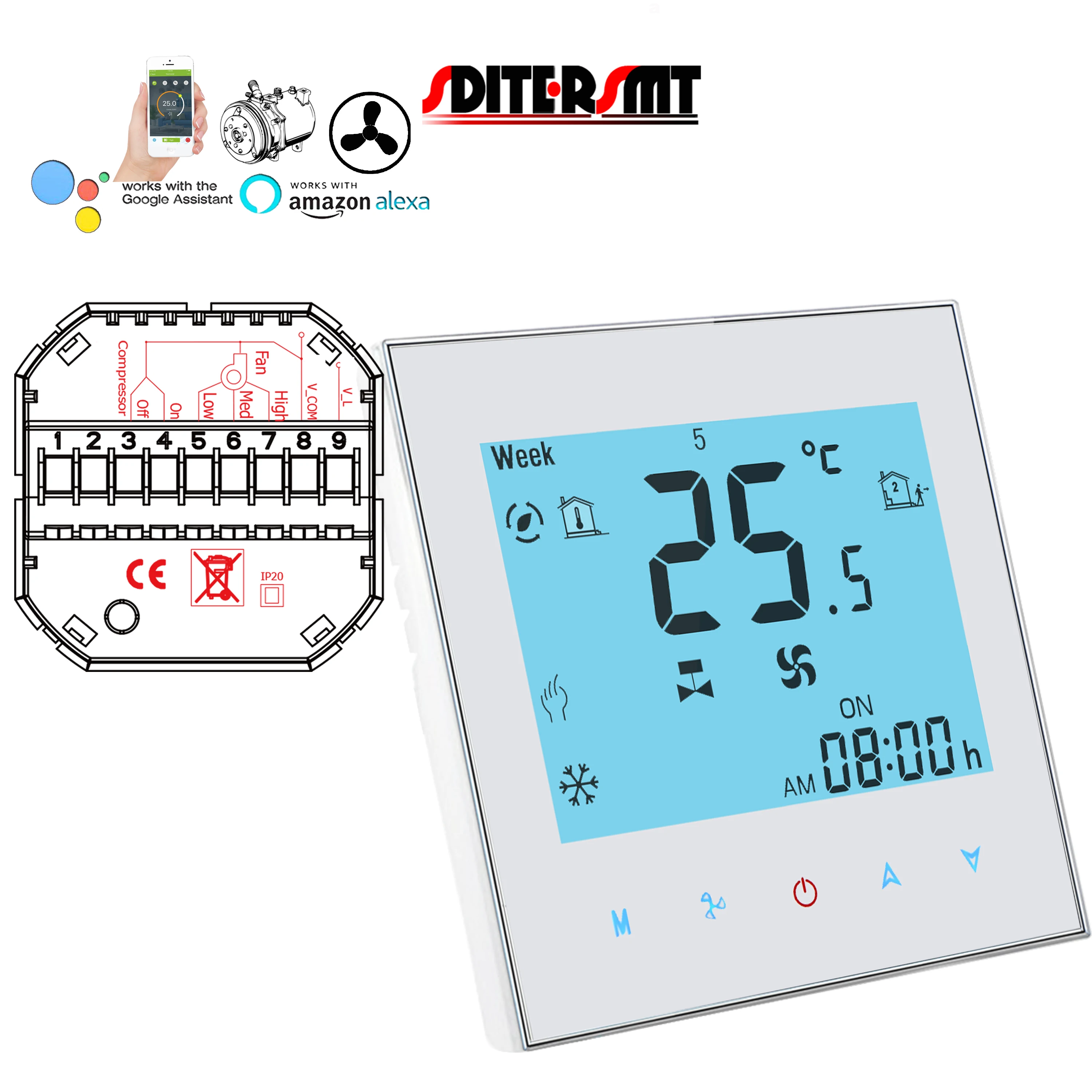 2P Compressor Delay Hot and Cold Switch WIFI Thermostat for Temperature Fan Speed Controller Works with Alexa Google Home