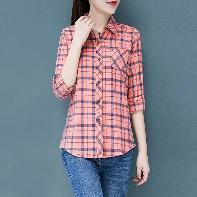 

2 Colors Spring New Women Lapel Blouses Fashion Classic Plaid Shirt Preppy Style Female Long Sleeve Tops W