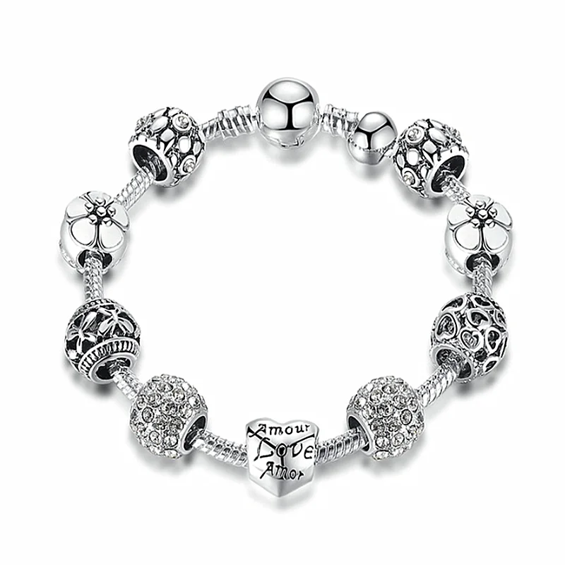 Новый модный античный серебряный браслет и с сердечками цветами женские