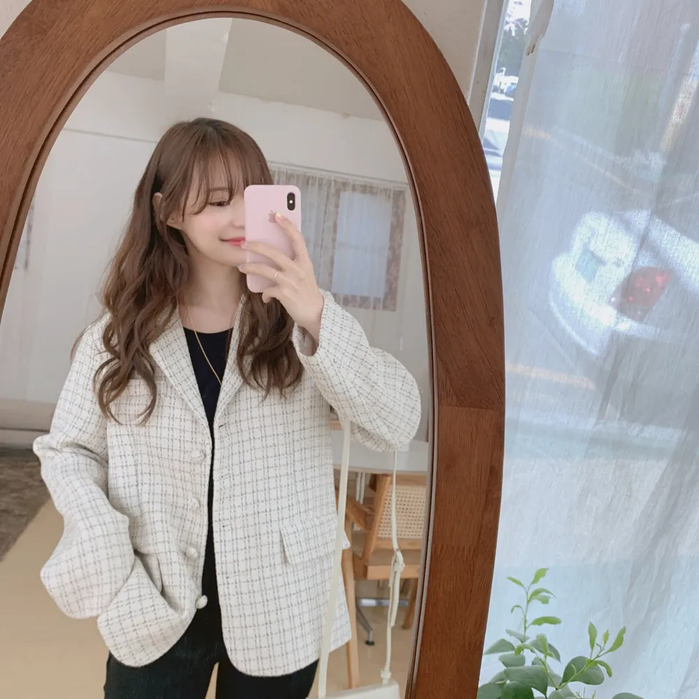 HziriP Autumn Chic Plaid Feminine Sweet Warm Women Woolen Elegant Loose Vintage Office Ladies All Match Coat Blazers