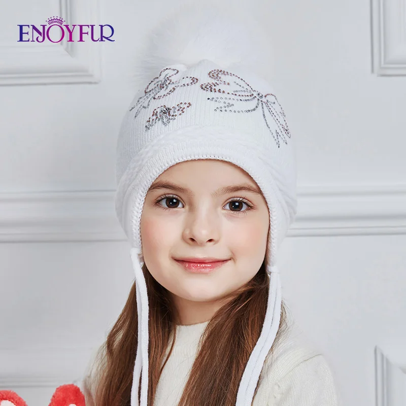 ENJOYFUR Rhinestones Bow-Knot Children Winter Hats Real Fox Fur Pompom Knitted Hat Girl Beautiful Pink Girls Beanies Autumn Caps