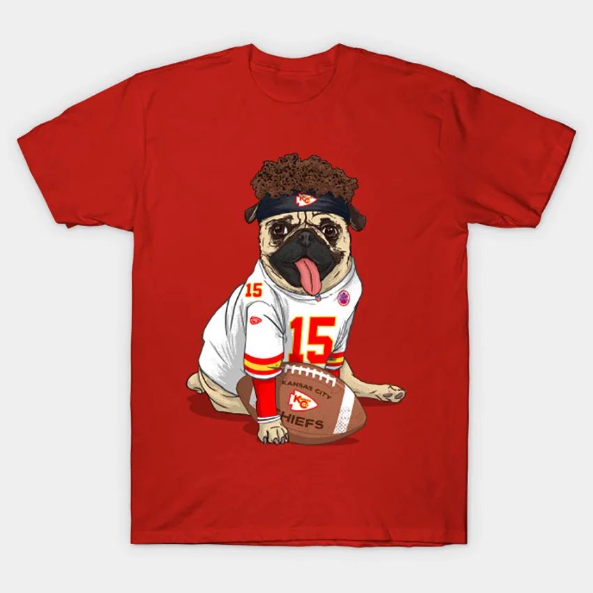 Мопс Mahomes Канзас Сити Тенниска Футболка с Мопсом собака Pfootball Патрик mahomes