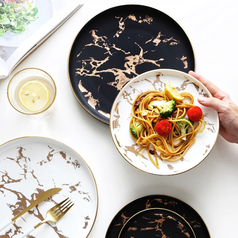 Nordic Dinner Plates Ins Gold Inlay Dish Marble Steak Home Ceramic Food Dishes Tray Dinnerware Sets Drop Shipping | Дом и сад