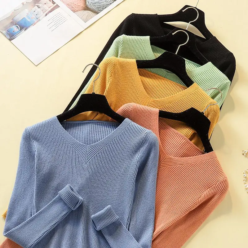 Women Sweaters Autumn Long Sleeve V-Neck Sweater Knitted Fashion 2019 Winter Tops Female Pullover Jumper Truien Dames