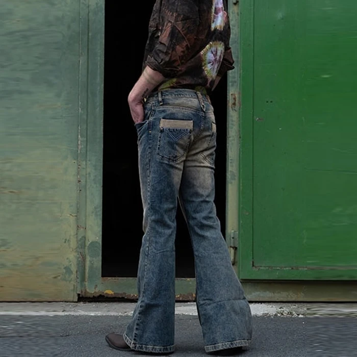 Jeans larghi svasati da uomo pantaloni con gamba a bottoni Jeans Patchwork  afflitti nuovo Designer pantaloni in Denim con fondo a campana stile Punk| Jeans| - AliExpress