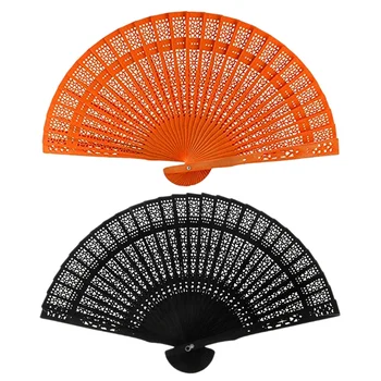

2 Pcs 8 Inch Chinese Japanese Folding Fan Original Wooden Hand Flower Bamboo Pocket Fan for Home Decor Party Decoration , Orange