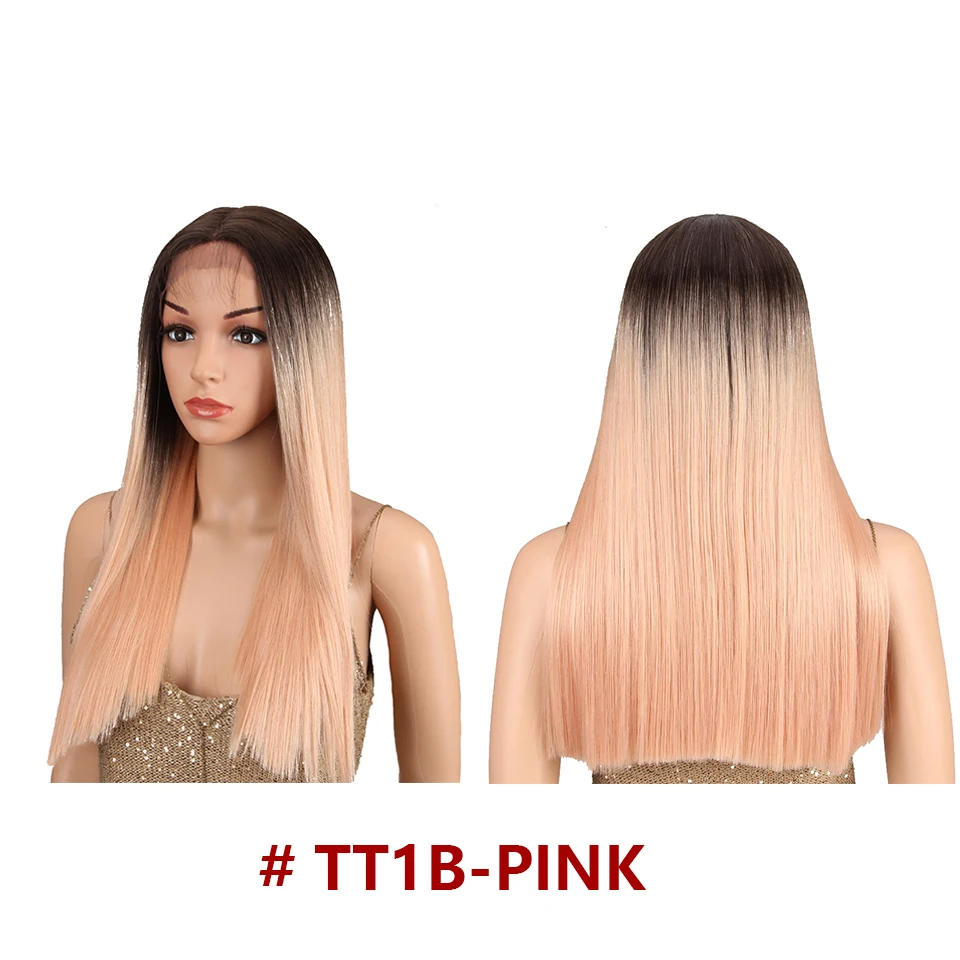 PINK Белла Длинные Прямые Ombre Синий и Зеленый Розовый Блондин Фиолетовый Черный Синий Синий волос 7 шт. Термостойкие Синтетические Парики Шнурка Для Женщин 20 дюймов средняя часть прямо красочные парик - Цвет: PINK