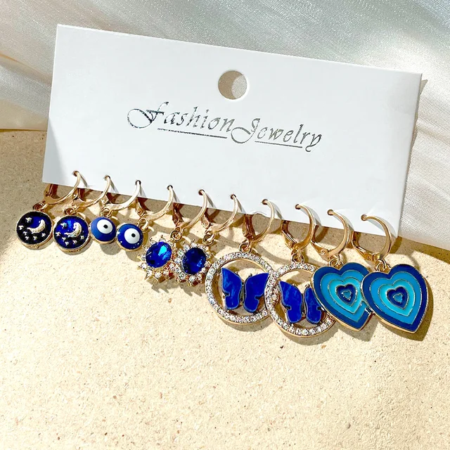 Flatfoosie 5Pair Pink Blue Heart Butterfly Drop Earrings Set For Women Boho Cute Star Moon Eye Dangle Earring 2022 Trend Jewelry 157901NB