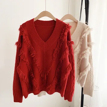 

Elegant V-Neck Knitted Sweater Women Long Sleeve Tassel Cropped Sweater Autumn Winter Pullover White Jumper